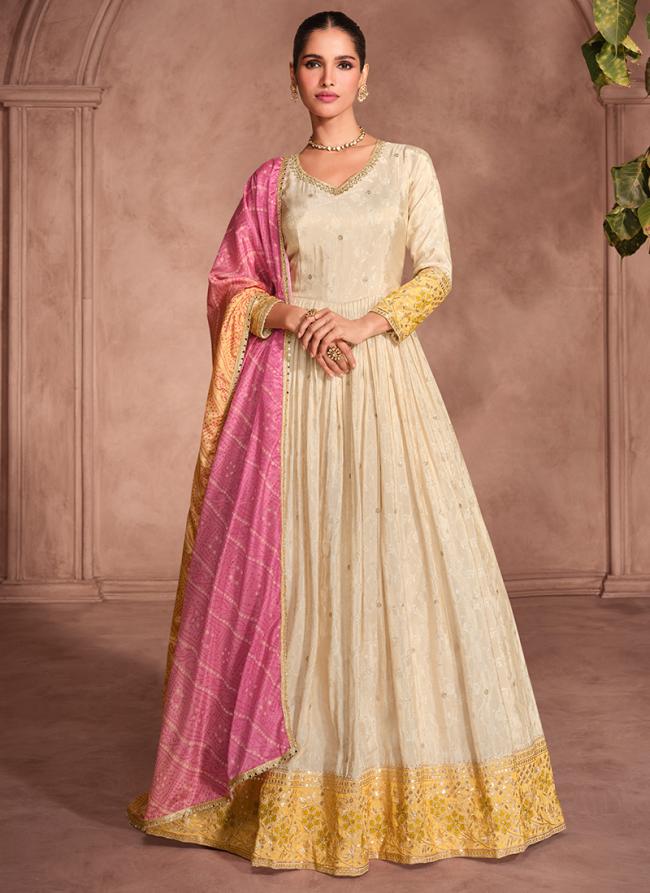 Shimar Viscose Cream Wedding Wear Embroidery Work Readymade Gown With Dupatta